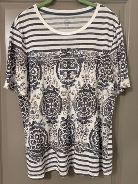 Tory Burch White and Navy Striped Medallion Short Sleeve Tee